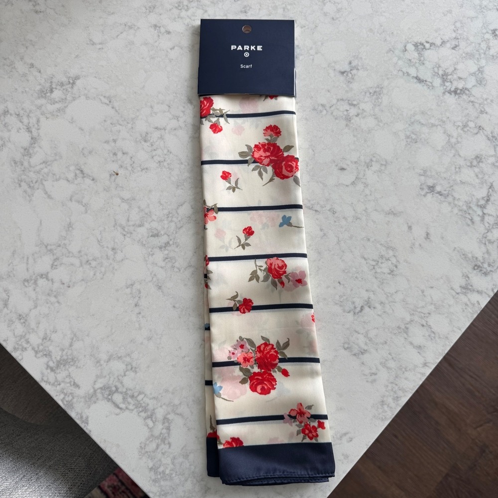 Parke x Target Floral Square Scarf Cream‎ Navy Blue Red Rose Striped Neckerchief